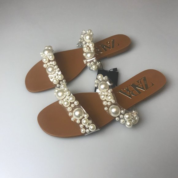 zara flat vinyl pearl bead sandals